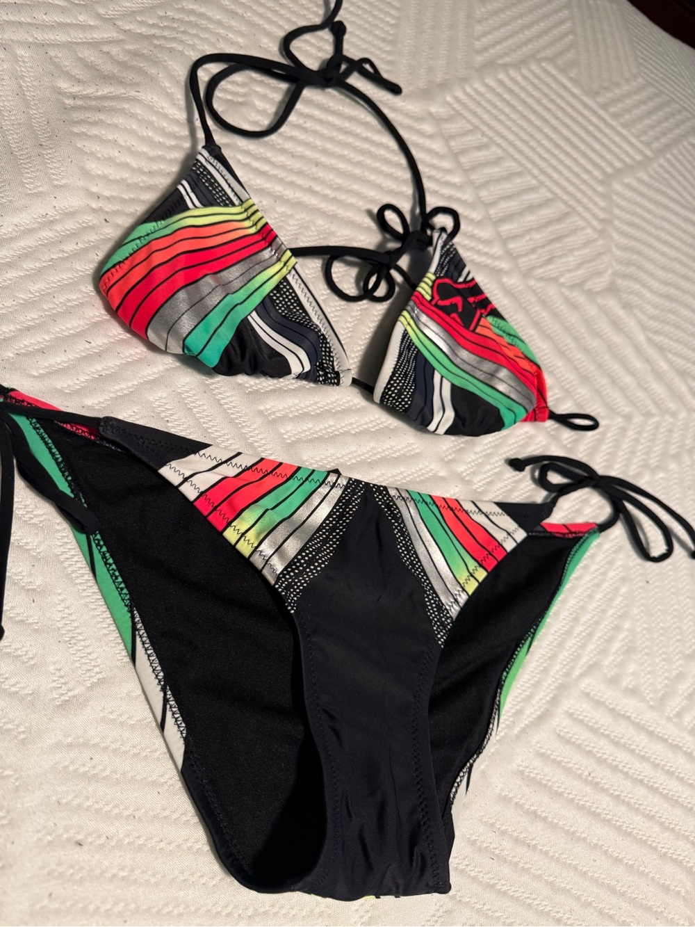 Vintage Fox Black Bikini with Multicolor Stripe Accents- like new never worn